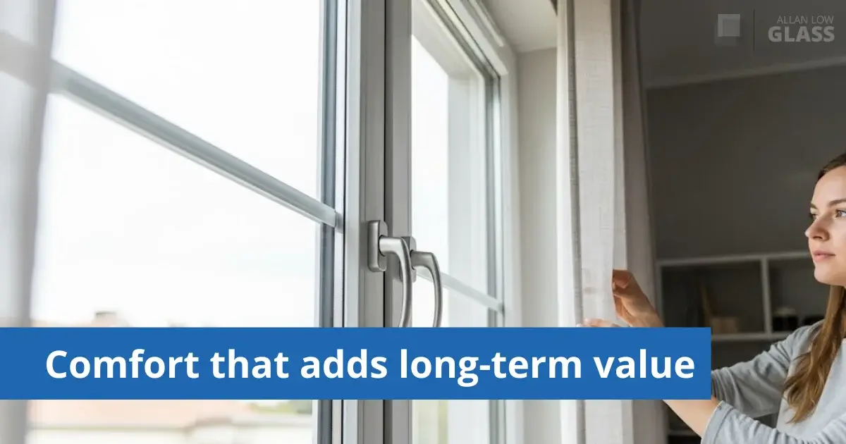 Woman standing by thermal insulated window in living room.